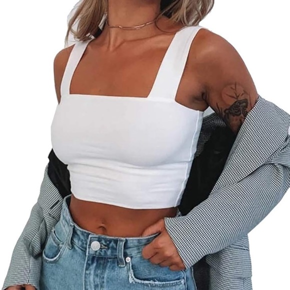Women's Square Neck Sleeveless White Crop Tank Tops - Picture 2 of 5